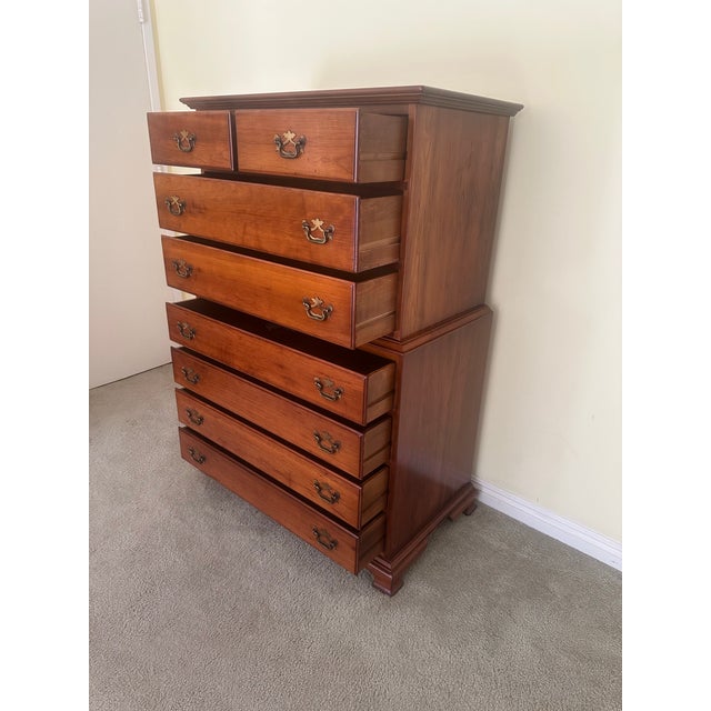 Chippendale 1950s L. & J. G. Stickley Solid Cherry Georgian 8-Drawer Highboy For Sale - Image 3 of 9