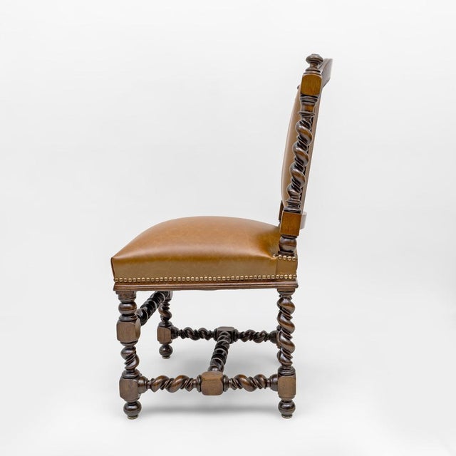 Late 19th Century Antique Italian Neo-Renaissance Walnut and Leather Dining Chairs, 1890, Set of 6 For Sale - Image 5 of 14