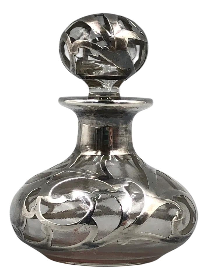 Antique Art Nouveau Glass Bottle with Sterling Silver Overlay, USA