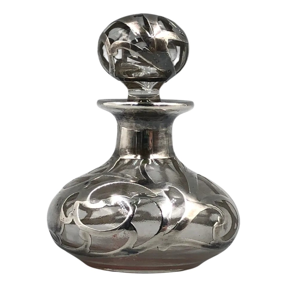 Antique Art Nouveau Glass Bottle with Sterling Silver Overlay, USA