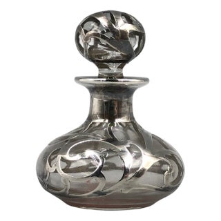 Antique Art Nouveau Glass Bottle with Sterling Silver Overlay, USA, 1900s For Sale