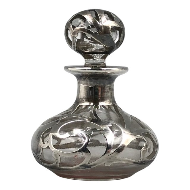 Antique Art Nouveau Glass Bottle with Sterling Silver Overlay, USA, 1900s For Sale