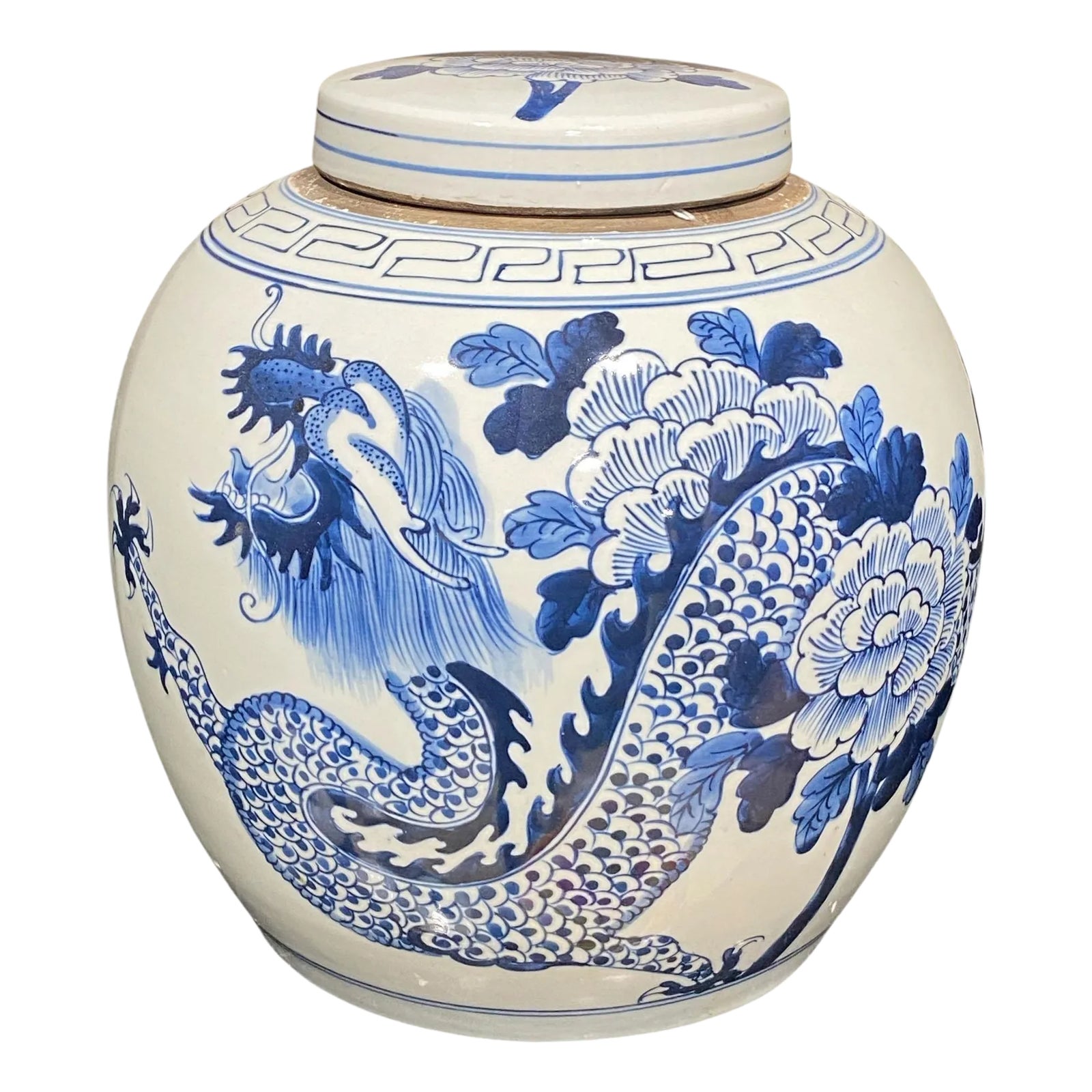 Chinoiserie Blue & White Dragon Ginger Jar 12" H