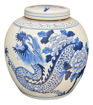 Chinoiserie Blue & White Dragon Ginger Jar 12" H