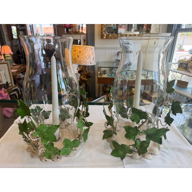 Vintage Ivy Metal Tole Hurricane Candle Holders Pair For Sale - Image 13 of 14