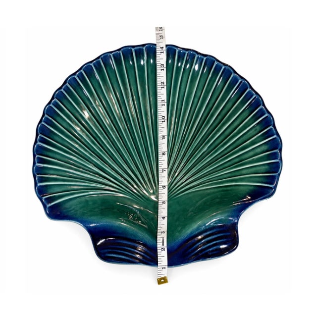 Coastal Vintage Portuguese Teal Ceramic Scallop Shell Serving Dish — Large 15" For Sale - Image 3 of 5