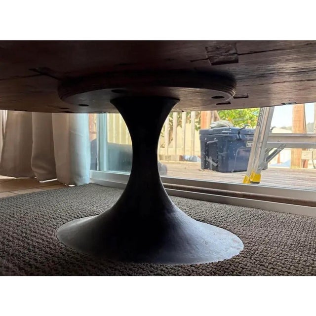 Rustic European Solid Reclaimed Solid Wood and Cast Iron Oval Coffee Table From Retired Restoration Hardware Collection For Sale - Image 3 of 4