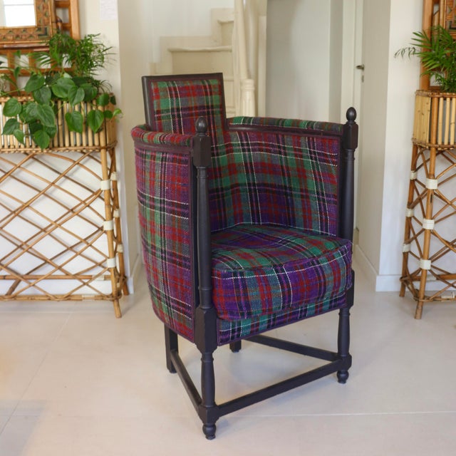 Large Antique Armchair with High Armrests in Tartan Fabric, 1890s For Sale - Image 11 of 13