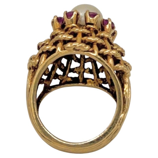 Metal 18k Yellow Gold Domed Basket-Weave Pearl and Ruby Cocktail Ring For Sale - Image 7 of 12