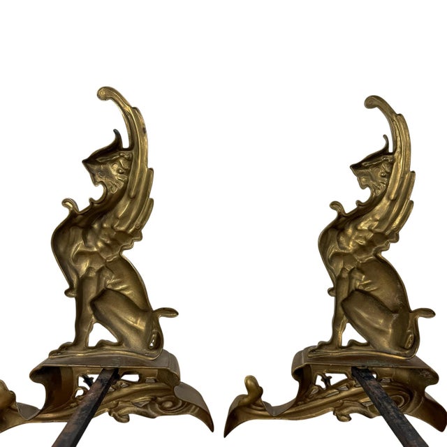 Gold Antique Brass Fireplace 6015 Andirons, 1890s, Set of 2 For Sale - Image 8 of 11