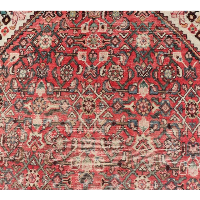 Textile Semi Antique Persian Distressed Hamadan Gallery Rug With Medallion Design For Sale - Image 7 of 12