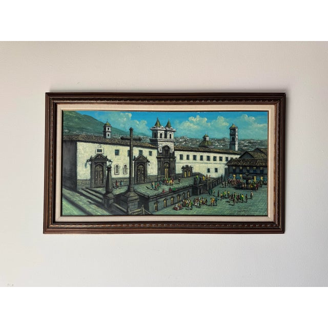 Abstract 1980’s Jorge Guarderas “San Francisco, Quito Ecuador” Landscape Oil on Canvas Painting, Framed For Sale - Image 3 of 12
