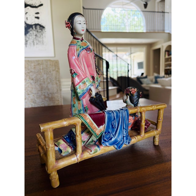 Vintage Chinese Famille Rose Porcelain Court Lady Figurines, Zuichun Pottery – Pair For Sale - Image 12 of 13