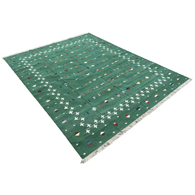 Mid-Century Modern Handmade Cotton Area Rug, Vegetable Dyed, Forest Green Shooting Star Dhurrie -10'x14' For Sale - Image 3 of 14