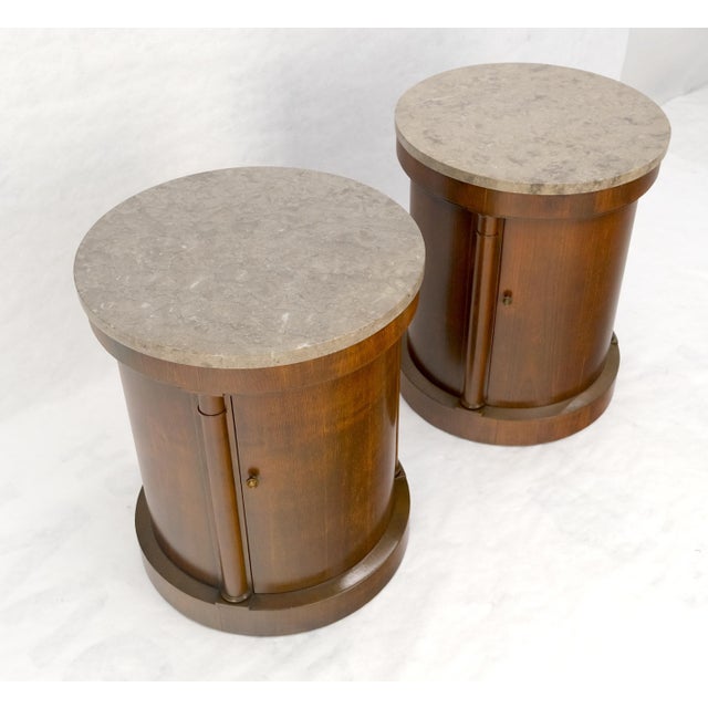 Neoclassical Baker Pair Cylinder Drum Shape Marble Top One Door Compartment Side End Tables For Sale - Image 3 of 18