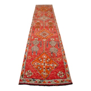 Antique Style Orange Runner Rug, Hand Knotted Turkish Carpet, 3x12 Vintage Area Rug, Rare Alien Motif Decor, Organic Modern Rug For Sale