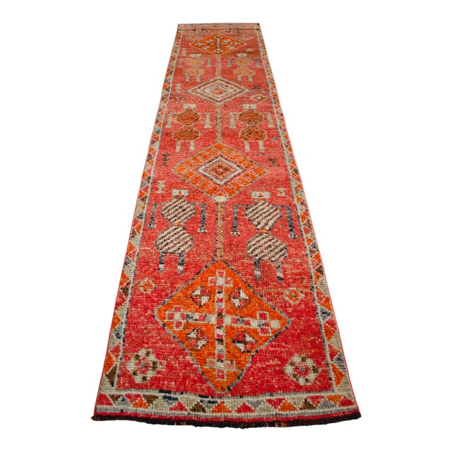 Antique Style Orange Runner Rug, Hand Knotted Turkish Carpet, 3x12 Vintage Area Rug, Rare Alien Motif Decor, Organic Modern Rug For Sale