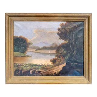 19th Century American Naive Folk Art Landscape Painting With Fishermen For Sale