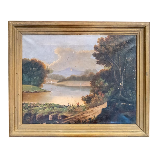 19th Century American Naive Folk Art Landscape Painting With Fishermen For Sale