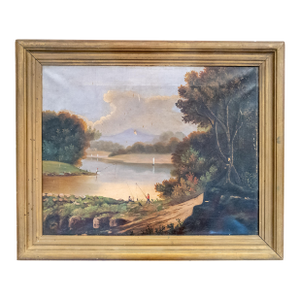 19th Century American Naive Folk Art Landscape Painting With Fishermen