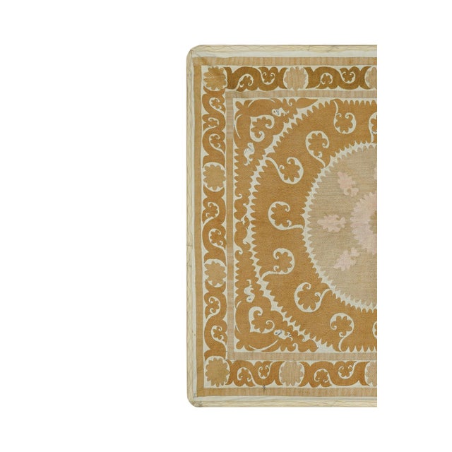 Mid-Century Modern Suzani Pastel Tapestry -Tan and Sand Uzbek Table Cloth 4'1'' X 4'4'' For Sale - Image 3 of 8