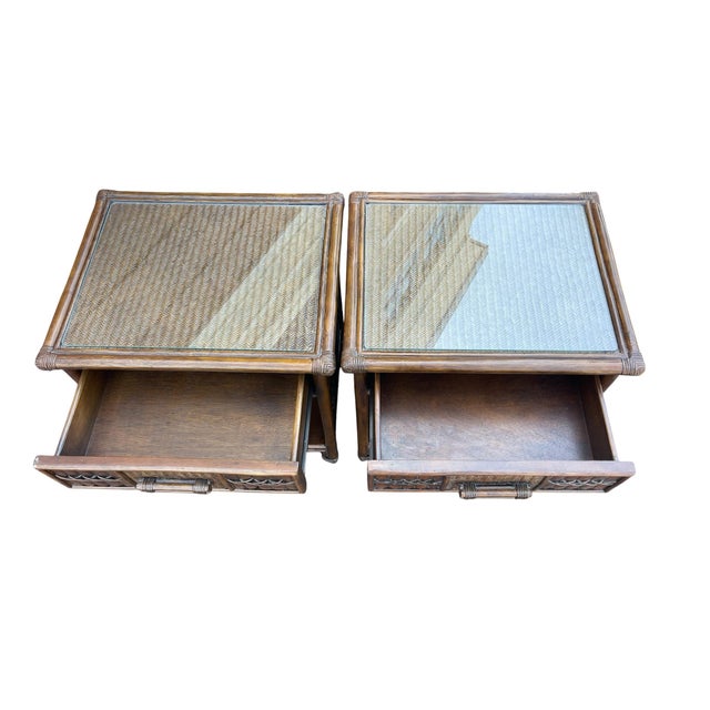 Vintage Coastal Rattan & Carved Wood Nightstands With Glass Tops – Pair For Sale - Image 10 of 11