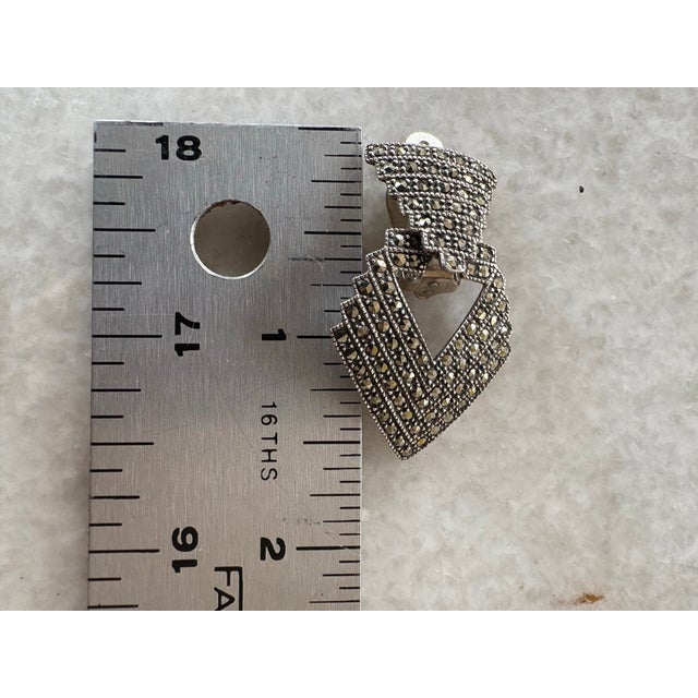 Stunning vintage Art Deco Sterling silver Marcasite Chevron Gatsby Hoop Earrings Door knocker Clip on