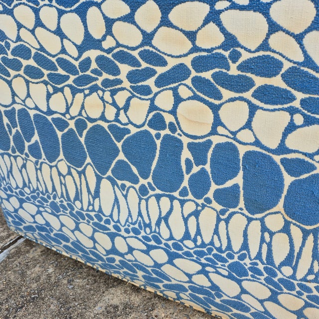 1960s Milo Baughman Style Four Seater Tuxedo Sofa in Original Blue & White Mod Geometric Abstract Upholstery Fabric Mid Century Modern MCM For Sale - Image 12 of 16