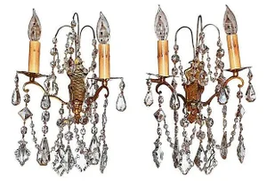 Antique Crystal French Bronze Sconces - A Pair