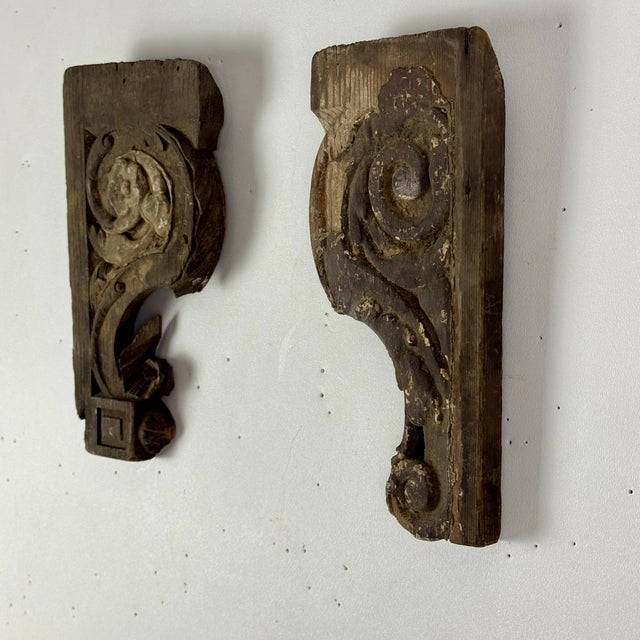 Brown Vintage Pair of Architectural Salvage Wood Elements With Remnant Paint in Scroll & Flower Design For Sale - Image 8 of 8