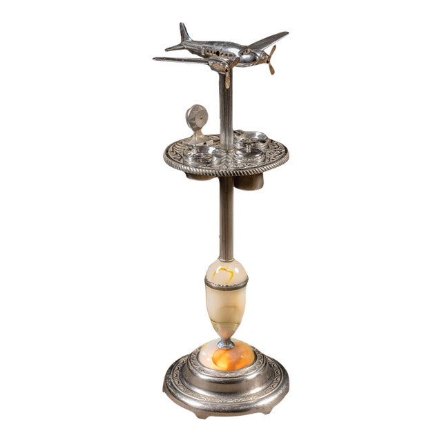 Vintage Chrome Airplane Smoking Stand With Marbled Glass Lamp Base For Sale