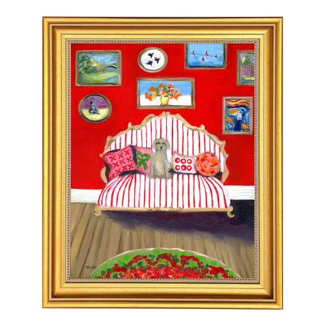 Hockney Inspired Pup on Red Striped Sofa Interior Room Portrait Oil Painting by Alexandra Swistak For Sale - Image 6 of 8