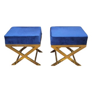 Pair Brass X Stools in Blue & Gold For Sale