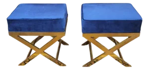 Pair Brass X Stools in Blue & Gold