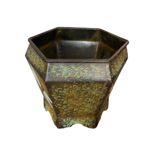 Vintage Hexagonal Verdigris Metal Cachepot With Butterfly and Dragonfly Motif For Sale - Image 4 of 12