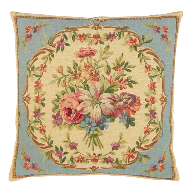 Aubusson Bouquet Blue Tapestry Cushion with Filler by Hines of Oxford For Sale