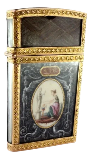 Gold Utensil Case with Painting of Religious Moments on Ivory, Hinged Lid Decorated with Human Hair and Interior with Writing and Hygiene Utensils