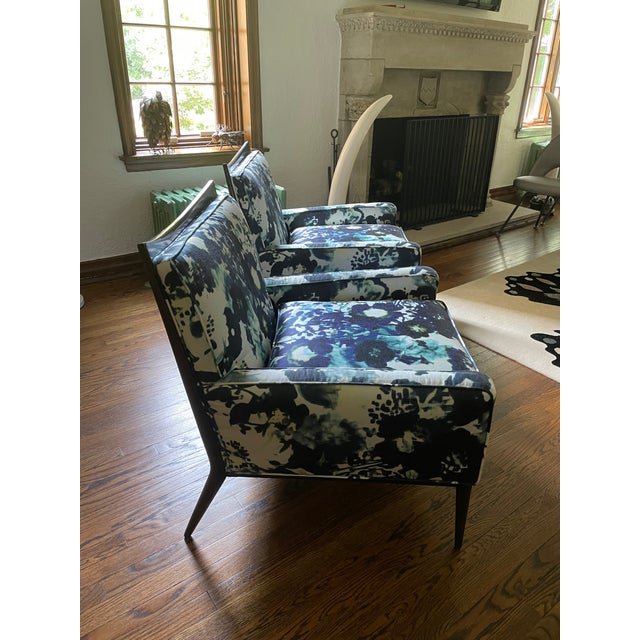 Striking Pair of Paul McCobb Mid-Century chairs with custom upholstery in a very special Rubelli floral fabric. Perfect...