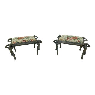 Pair Figural Framed Footstools W. Needlepoint For Sale