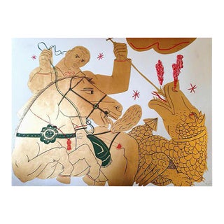 The Rider and the Dragon, Gold Asian Inspired Mixed Media and Gold Leaf on Paper, 2016 For Sale