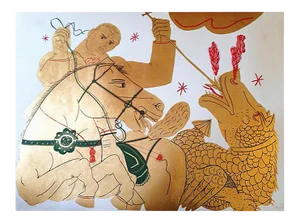 The Rider and the Dragon, Gold Asian Inspired Mixed Media and Gold Leaf on Paper, 2016