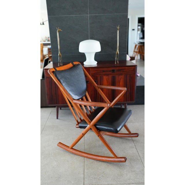 Wood 1960s Attributed to Benny Linden Danish Teak Rocking Chair | Reupholstered Black Leather For Sale - Image 7 of 13