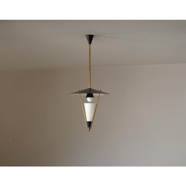 Vintage Italian Pendant Light with Black Saucer Shade and Opaline Glass, 1950s For Sale - Image 6 of 10