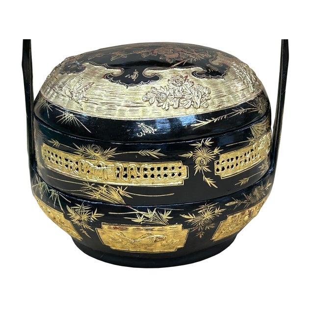 Vintage Oriental Black Golden Graphic Stack Wedding Basket Display For Sale In San Francisco - Image 6 of 17