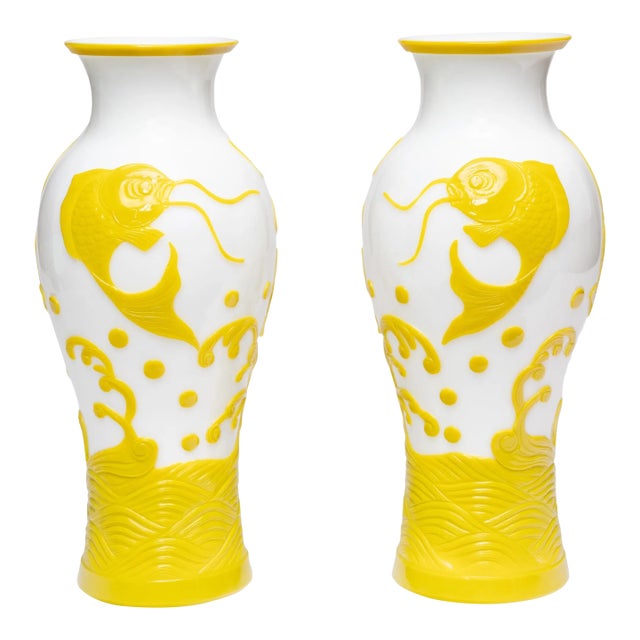 Chinese Pair of Citron to White Peking Glass Vases With Leaping Koi, C. 1930 For Sale