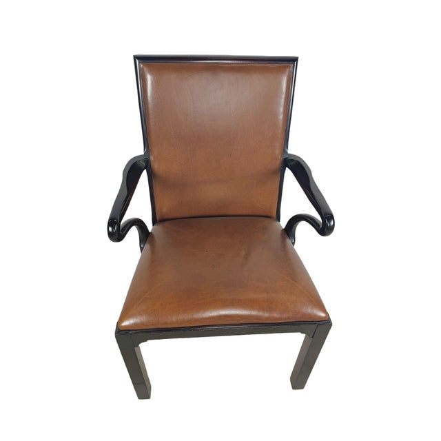 Vintage Baker Furniture Brown Leather & Ebonized Wood Armchair For Sale - Image 15 of 17