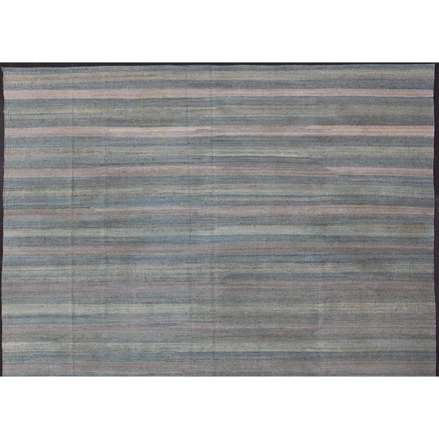 Large Afghanistan Kilim Modern With Stripes in Shade of Light Green For Sale - Image 4 of 12