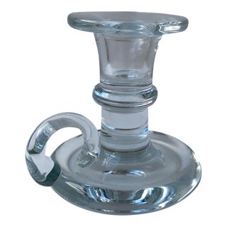 Clear Hand Blown Glass Chamberstick Taper Candlestick Holder, Artisan Signed For Sale