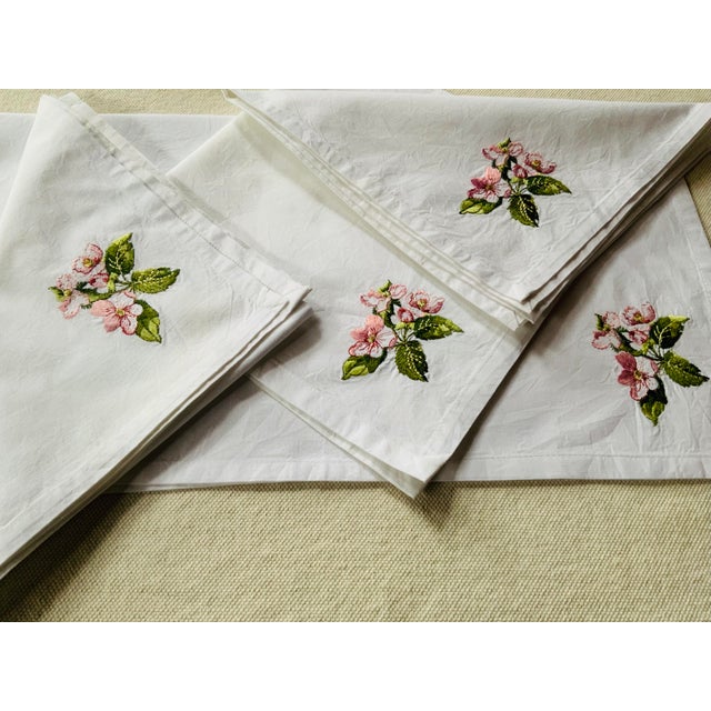 White French Cherry Blossom Embroidered Cotton Percale Dinner Napkins | Paris Flea Market Find - Set of Four For Sale - Image 8 of 18
