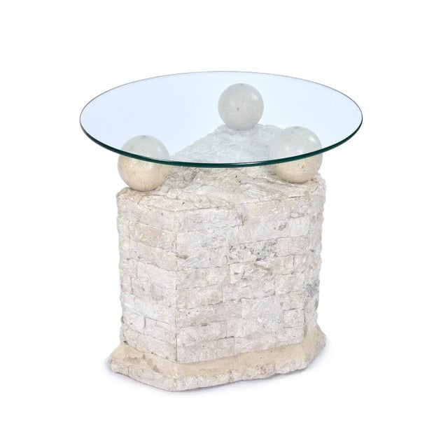 Pair of Tessellated Mactan Stone Side Tables With New Round Glass Tops For Sale - Image 13 of 13